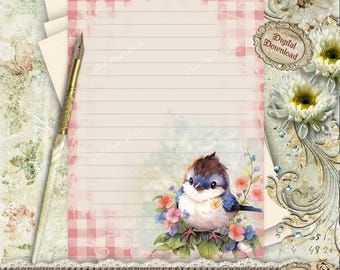 May include: Lined stationery with a watercolor illustration of a blue bird perched on flowers. The paper has a pink gingham border and the text "Posh Paper Parlor". Includes a gold pen and the words "Digital Download".