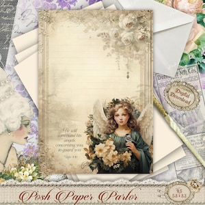 Juego de papelería vintage de ángeles, imprimible digital con temática de fe para diarios y notas, con y sin forro, estilo rústico, estilo shabby chic, con versículos bíblicos.