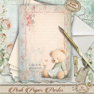 Papelería cristiana con diseño de oso floral / Papel de carta con versículos bíblicos / Linda hoja de diario rayada / Romanos 11:36 / Notas imprimibles A5 - Cottage Core