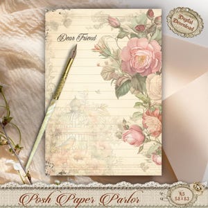 Vintage Rose Vogelkäfig A5 gezeichnetes Briefpapier • Blumen Briefpapier Set • Druckbares Briefpapier • Romantisches ästhetisches Journal - Ephemera
