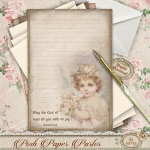 Juego de papelería vintage de niña ángel, imprimible digital con temática de fe para diarios y notas, con y sin forro, con núcleo cottage y versículo bíblico.