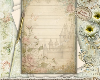 May include: A vintage-style lined paper with a castle illustration, roses, and a butterfly. The paper is adorned with floral accents and the text "Posh Paper Parlor". The paper measures 5.8 x 8.3 inches and is a digital download.