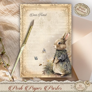 Papelería vintage de conejo A5 / Papel de escritura victoriano floral / Juego de papel de carta de conejo