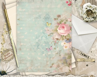 May include: A vintage-style stationery set featuring lined paper with a floral and butterfly design in pastel colors. Includes an envelope, a pen, and decorative elements. The paper has a light blue background with a floral design and the text "Posh Paper Parlor".