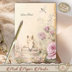 A5 Pferd Blumen Vogel Druckbares Briefpapier | Pastell Rosa liniertes und unliniertes Schreibpapier | Country Cottagecore Seite | Sofort Download