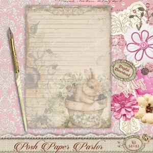 Set de papelería digital "Conejito de Jardín" - Papel imprimible (con y sin rayas) - Descarga digital, diario, notas, juego de cartas y amigos por correspondencia