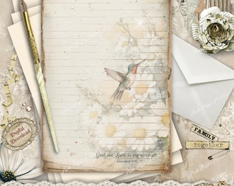 Carta da lettere cristiana floreale d'epoca: pagina del diario delle Scritture con colibrì (download digitale A5 PNG)