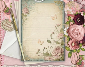 May include: A vintage-style stationery set with a pink and cream color scheme. The set includes lined paper, an envelope, a pen, and floral embellishments. The paper is adorned with roses and butterflies. The text "Posh Paper Parlor" is at the bottom.