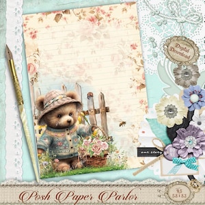 Papelería digital Garden Bear: con y sin forro - Rosas de primavera, estilo shabby chic, estilo cottage core - Papel imprimible