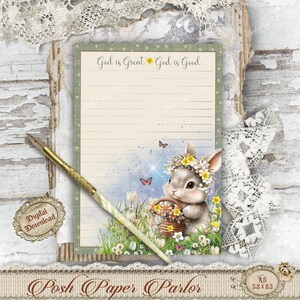 Papelería cristiana con diseño floral de conejito - Papel imprimible con versículos bíblicos - Dios es grande, Dios es bueno - Linda hoja de diario pastel A5