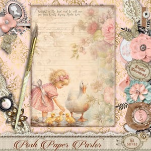 Papelería vintage del Salmo 37:4, tamaño A5, con una linda niña con patos, papel con versículos bíblicos florales, papel de escritura cristiana, imprimible.
