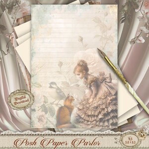 Ensemble de papeterie A5 Fille de jardin victorienne | Papier floral vintage pour chats et oiseaux | Journalisation, écriture de lettres, impression à téléchargement immédiat