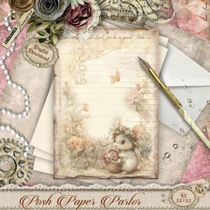 Papelería digital "Ratón de jardín", con y sin forro, flores de primavera, estilo shabby chic, estilo cottage core, papel imprimible, versículo bíblico Salmo 136