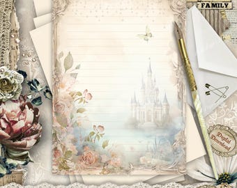 May include: A5 lined stationery with a castle illustration, floral accents, and a butterfly. Includes a gold pen, envelope, and the text "Posh Paper Parlor". The paper measures 5.8 x 8.3 inches.