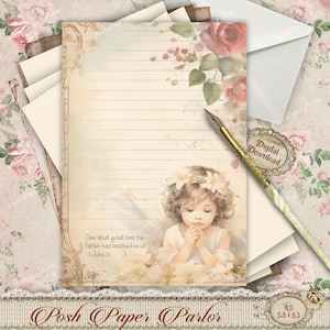 Pagina di cancelleria con angeli d'epoca - Download digitale - Carta da lettere floreale A5 con Scritture - Carta cristiana stampabile - Arte angelica pastello