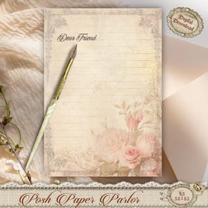 Carta da lettere vintage floreale grunge A5 / Carta da lettere con rose stampabili / Fogli di diario romantici / Carta da scrivere con download immediato