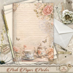 Carta da lettere A5 con motivo a tazza da tè floreale vintage / Carta da lettere con farfalle stampabile / Set di scrittura digitale per l'ora del tè / Pagina di diario Cottagecore
