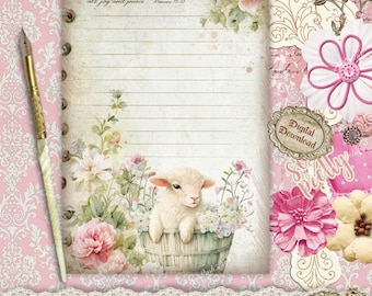 Papelería cristiana con diseño floral de cordero - Hoja imprimible con versículos bíblicos - Romanos 15:13 - Linda hoja de diario pastel A5