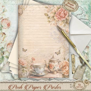 Papelaria A5 com xícara de chá floral vintage | Papel com letras de borboleta para impressão | Conjunto de escrita digital para a hora do chá | Página de diário Cottagecore