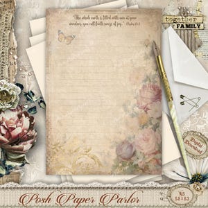 page de papeterie vintage papillon floral | Téléchargement numérique A5 | Papier à lettres ligné antique | Papier pour scrapbooking et journal