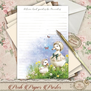 Donde Dios guía, Él provee - Papelería digital Floral Garden Ducks - Rayada y sin rayar - Papel para diario bíblico - Descarga instantánea - primavera