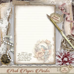 Papelería cristiana con diseño floral de aves, tamaño A5, forrada, para cartas, diario imprimible, arte vintage con versículos bíblicos.