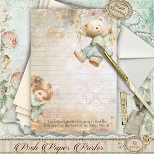 Papelería cristiana / Versículo bíblico del Salmo 19:1 / Tarjeta inspiradora / Diseño de oso y niña - Descarga instantánea - Papel de carta A5