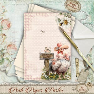 Ensemble de papeterie numérique A5 Poulet fermier | Papier à lettre imprimable Cottagecore | Bloc-notes floral mignon | Pages d'écriture d'été rustiques