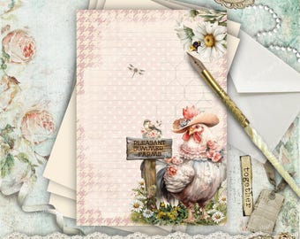 Digital A5 Farm Chicken Stationery Set | Cottagecore Printable Letter Paper | Cute Floral Notepad | Rustic Summer Writing Pages