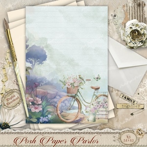 Vintage Blumen Fahrrad Briefpapier | Briefpapier Pastell Natur | Briefpapier Set | Süßer Garden Bike Notizblock