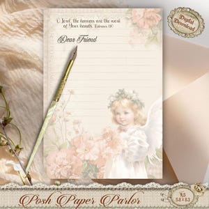 Pagina di cancelleria con angeli d'epoca - Download digitale - Carta da lettere floreale A5 con Scritture - Carta cristiana stampabile - Arte angelica pastello