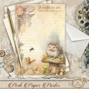 Papelería con diseño floral de erizo (A5) / Bloc de notas con temática de bosque / Papel para escribir versículos bíblicos / Juego de cartas con temática cristiana - Cottage Core
