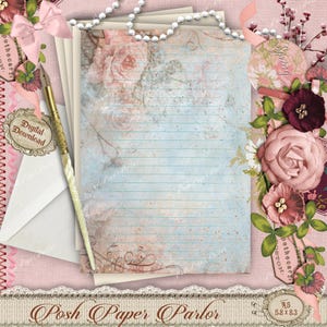 Papelería rayada A5 con rosas vintage / Papel de escritura floral imprimible / Juego de cartas románticas / Páginas de diario digital / Descarga instantánea