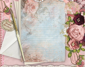 May include: A stack of lined stationery with a floral design, a gold pen, and an envelope. The paper has a vintage aesthetic with a light blue background and pink roses. The text "Digital Download" is visible.