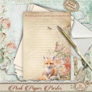 Fuchs Floral Christian Briefpapier | A5 linierte Seite | Schrift Tier Briefpapier | Druckbare PDF | Süßer Vintage Digital Download -