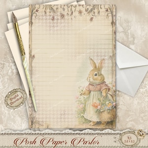 May include: Digital download stationery set featuring a lined paper design with a vintage bunny illustration. The bunny wears a pink dress and holds a basket of flowers. Includes a pen, envelopes, and a digital download badge. The paper measures 5.8 x 8.3 inches.