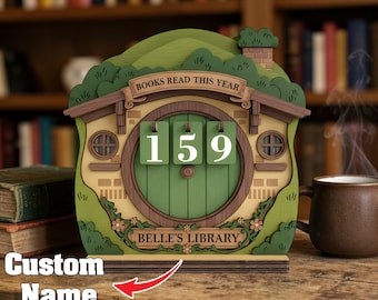 Custom Name Shire Wooden Book Counter - Bookworm Gift Bookshelf Decor Insert