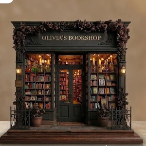 Puede incluir: Una maqueta en miniatura de Olivia's Bookshop, con una fachada verde oscuro y el nombre de la tienda en letras doradas. Las ventanas muestran estanterías llenas de libros, y la entrada está adornada con elementos florales. El modelo se encuentra sobre una base de madera.