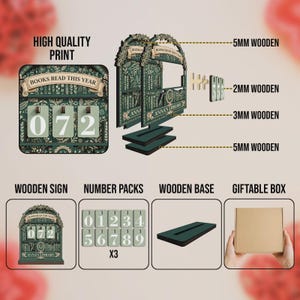 May include: A wooden sign with the text "BOOKS READ THIS YEAR" and the numbers "072". The sign is dark green with white accents and a floral design. Includes number packs, a wooden base, and a giftable box.