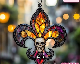 Gothic Skull Fleur De Lis Suncatcher – Faux Stained Glass, Halloween Decor
