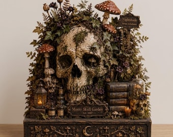 Peut inclure: Une décoration représentant un crâne humain central recouvert de mousse, de fougères et de champignons. Elle comprend une plaque indiquant Mossy Skull Garden Est. 1887, un panneau Nightshade, une pile de livres Botanical, Lore, Poisons et une lanterne.