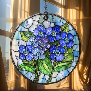 Forget-Me-Not Flower Acrylic Faux Stained Glass Suncatcher Window Hanging Decor, Blue Botanical Panel for Spring Home Decor Gift for Women