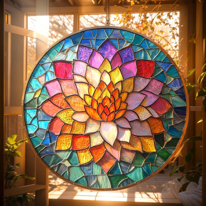 May include: A round stained glass window featuring a floral design with a gold metal frame. The flower has petals in shades of orange, yellow, pink, and white. The background is a mosaic of blue, green, and purple glass.