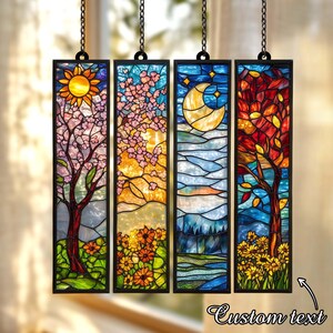 BUY 1 GET 4 - Set Four Seasons ACRYLIC Faux Stained Glass Window Panel, Colorful Landscape Hanging Decor Gift for Nature Lovers, Home Accent image 3