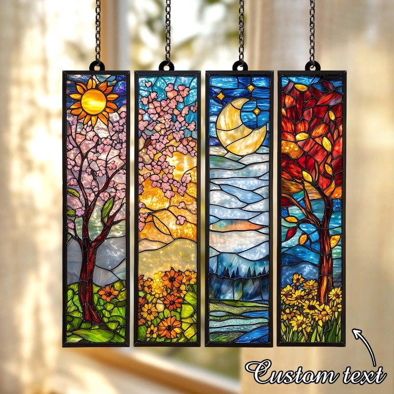 BUY 1 GET 4 - Set Four Seasons ACRYLIC Faux Stained Glass Window Panel, Colorful Landscape Hanging Decor Gift for Nature Lovers, Home Accent image 3