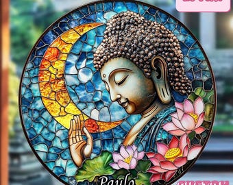 Buddha Faux Stained Glass Suncatcher - Acrylic Lotus Window Hanging with Crescent Moon, Zen Gift for Yoga, Spiritual, Meditation Lovers