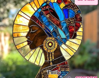 African Woman Suncatcher, Faux Stained Glass Art, Colorful Headwrap, Acrylic Window Hanging