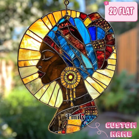 African Woman Acrylic Suncatcher, Colorful Faux Stained Glass Window Hanging, Vibrant Headwrap Art, Unique Gift for Her, Cultural Wall Decor