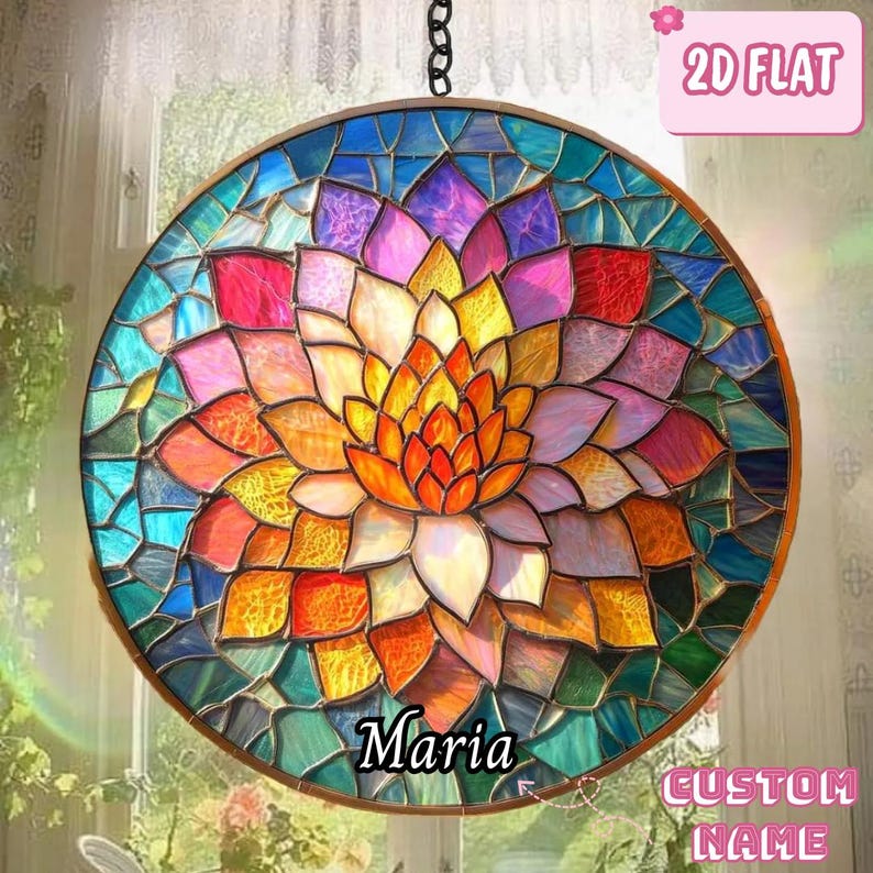 Rainbow Lotus Mandala Faux Stained Glass Acrylic Suncatcher Window Decor, Boho Spiritual Gift for Women, Yoga, or Healing Spaces image 1