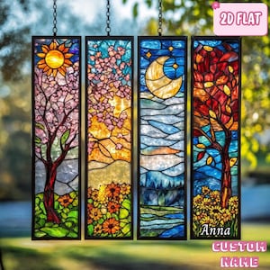 BUY 1 GET 4 - Set Four Seasons ACRYLIC Faux Stained Glass Window Panel, Colorful Landscape Hanging Decor Gift for Nature Lovers, Home Accent image 1